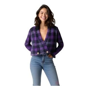 St. John Vintage The Union Purple Plaid Knit Blazer Jacket Size 6, Cropped
